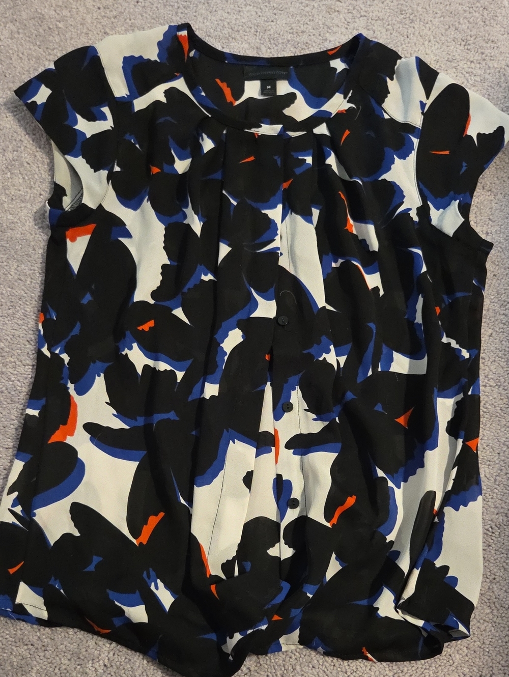 Worthington Black Floral-Print Cap Sleeve Blouse with Blue & Orange Accents